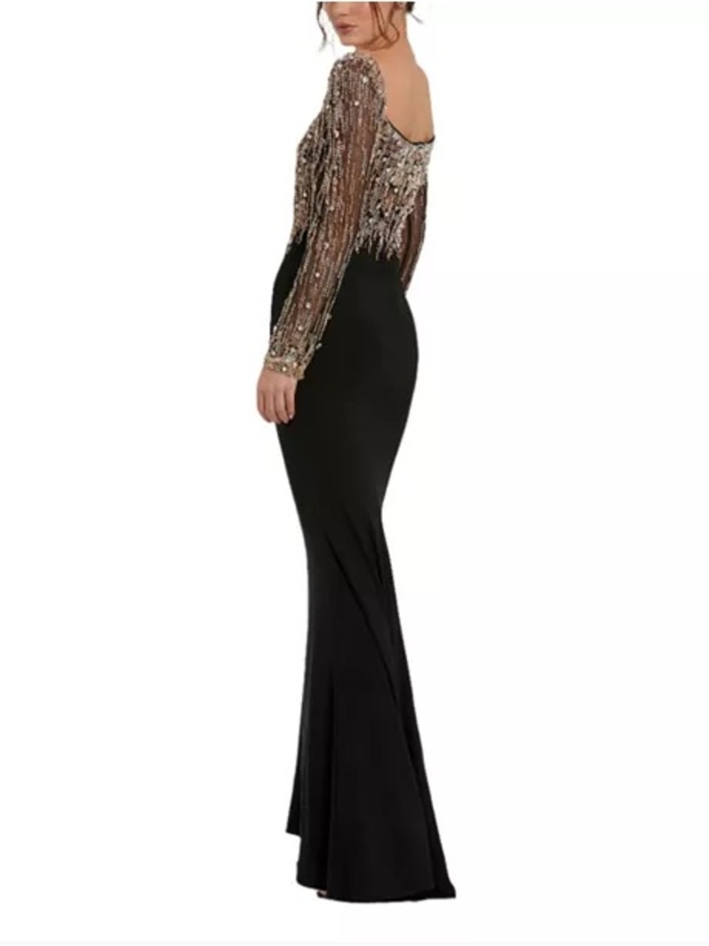 Mac Duggal Beaded Embellished Square Neck Long Sleeve Jersey Gown - Picture 3 of 13